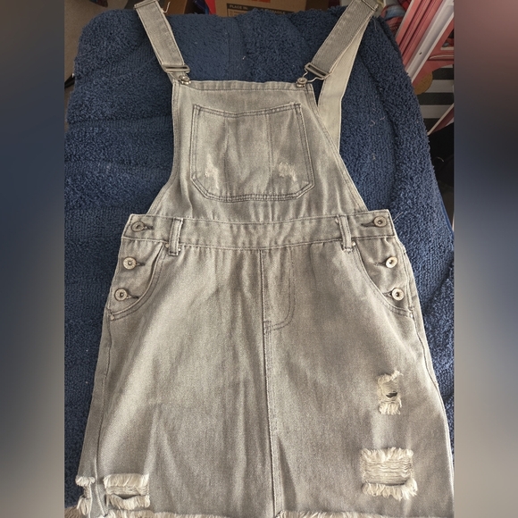 POL Gray Distressed Denim Overall Skirt Jumper Dress Small Frayed Hem Casual - Picture 12 of 12